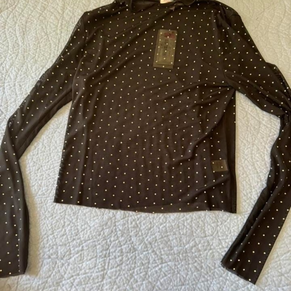 Black Studded Long-Sleeve Mesh Swim Coverup